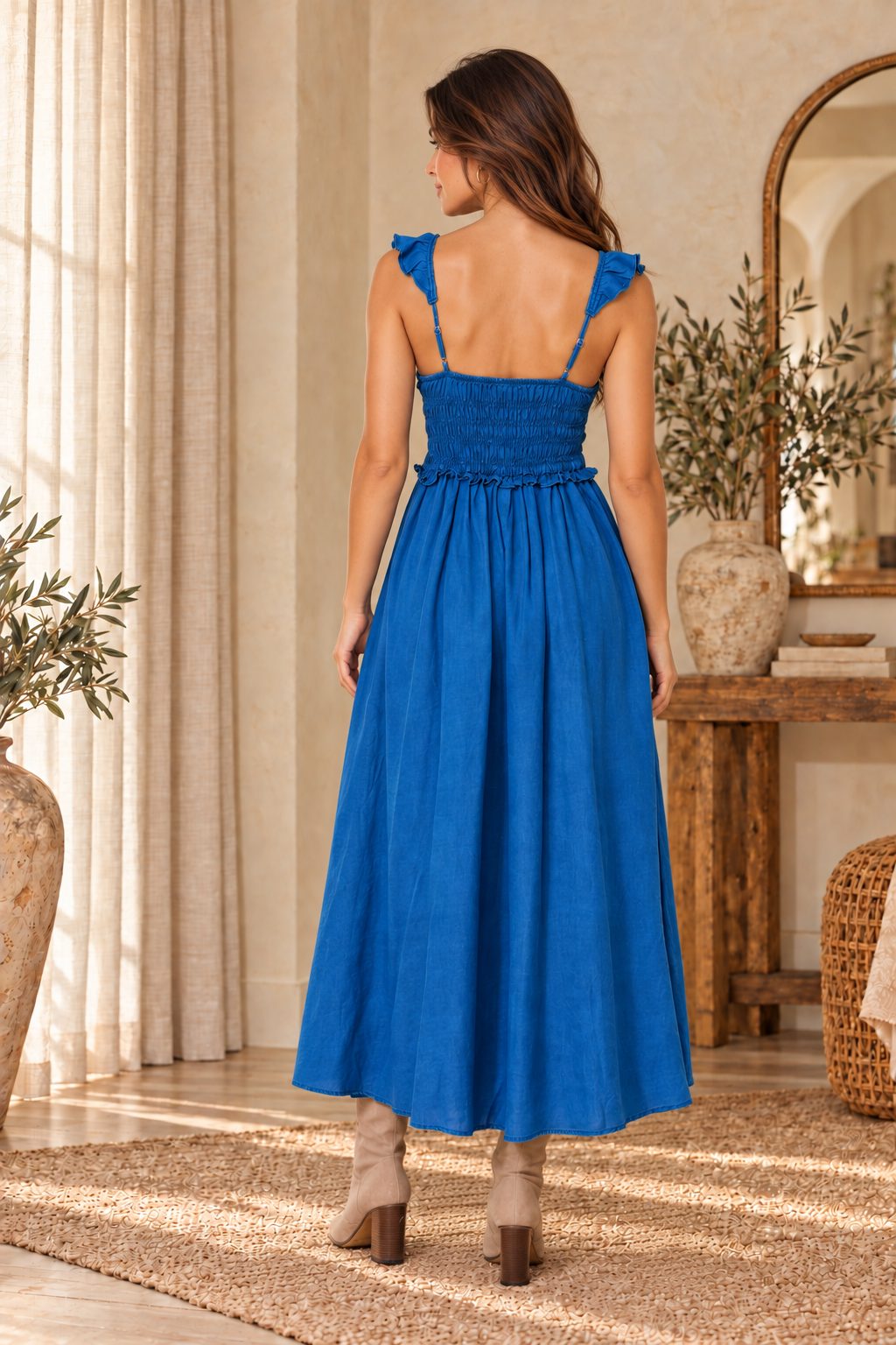 Blue Reverie Ruffle Strap Midi Dress