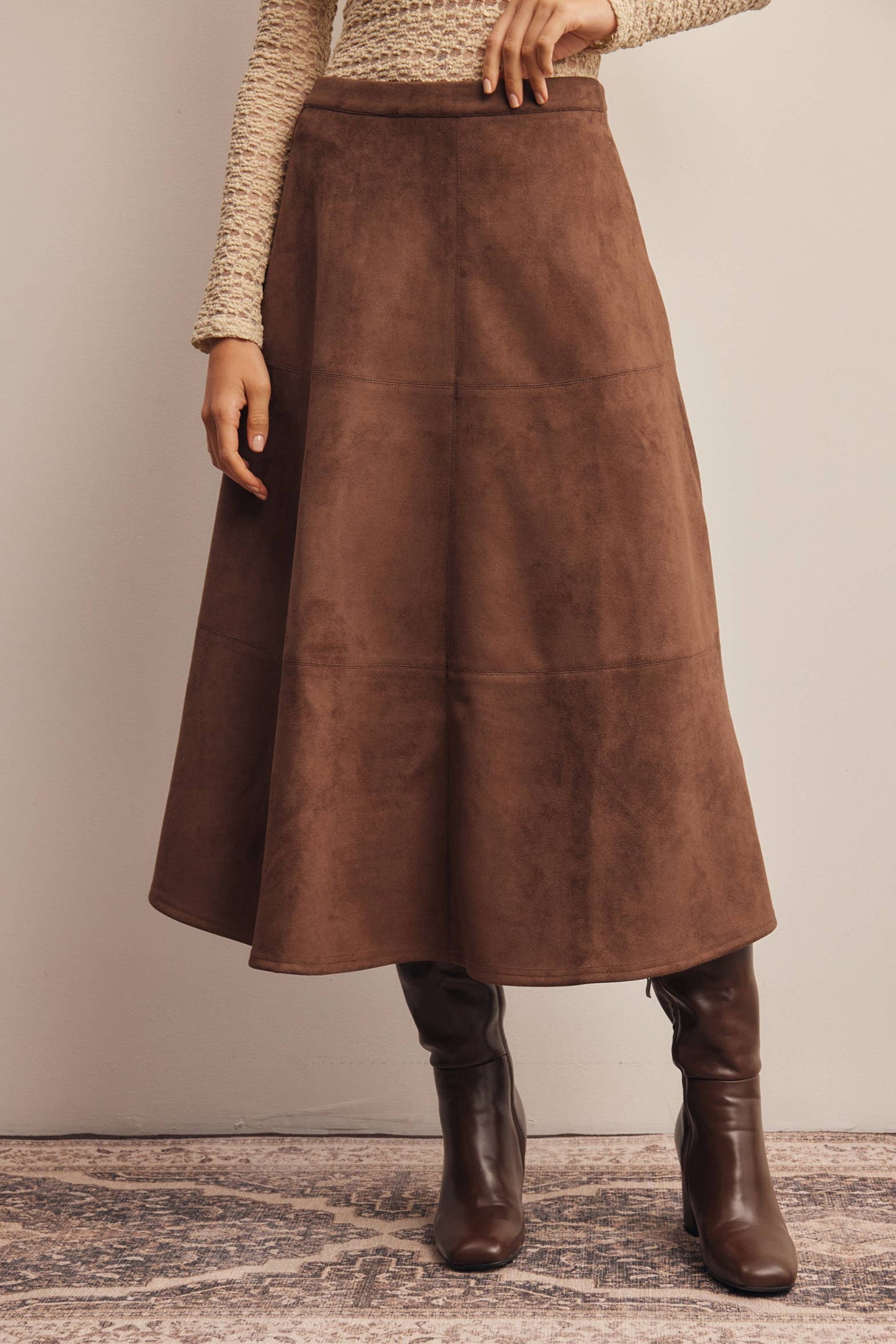 Mocha stretch-suede A-line midi skirt