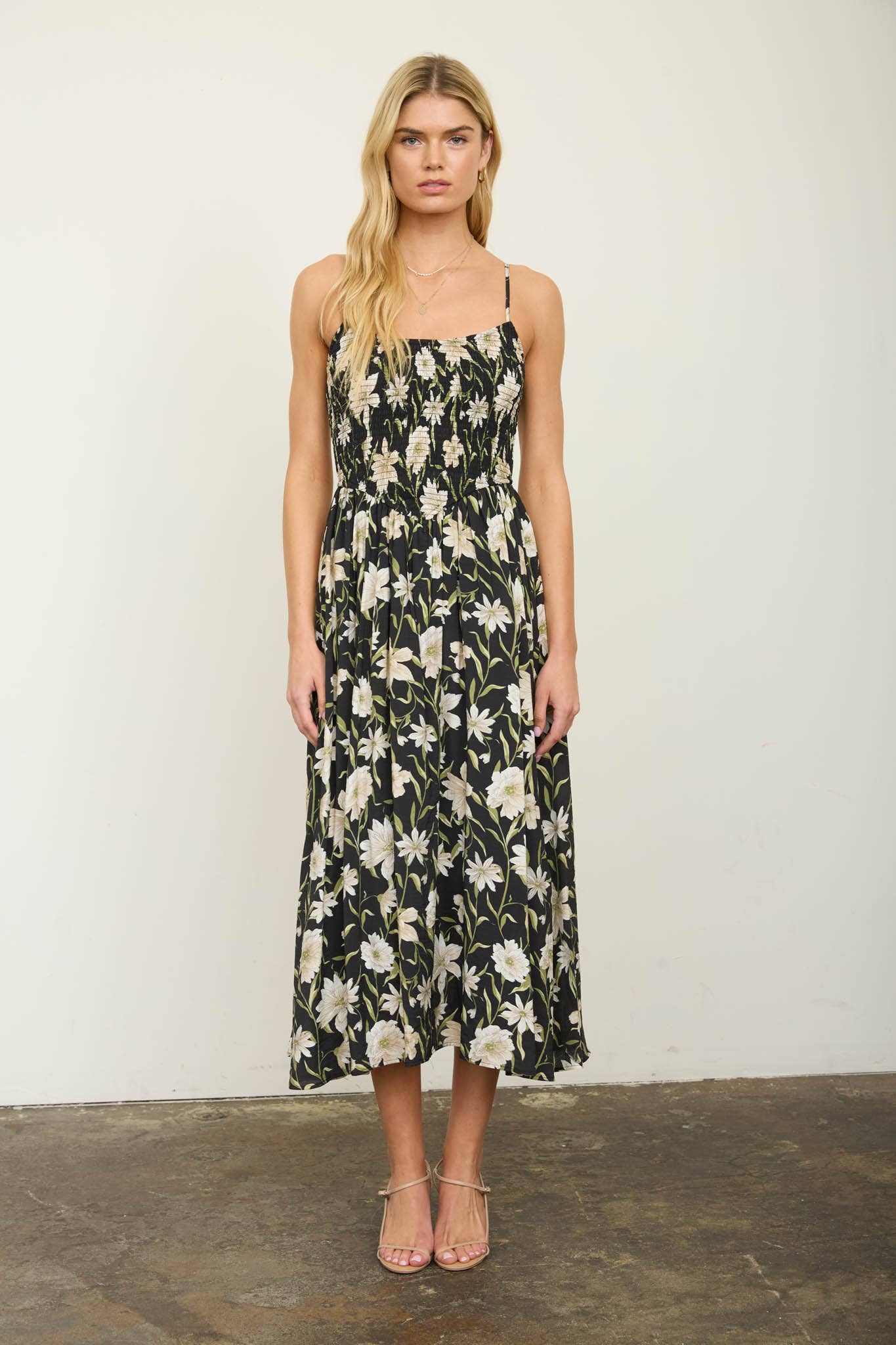FLORAL SMOCKED SPAGHETTI STRAP MIDI SUNDRESS: Black MULTI