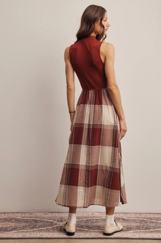 Marsala Plaid Mixed-Media Midi Dress