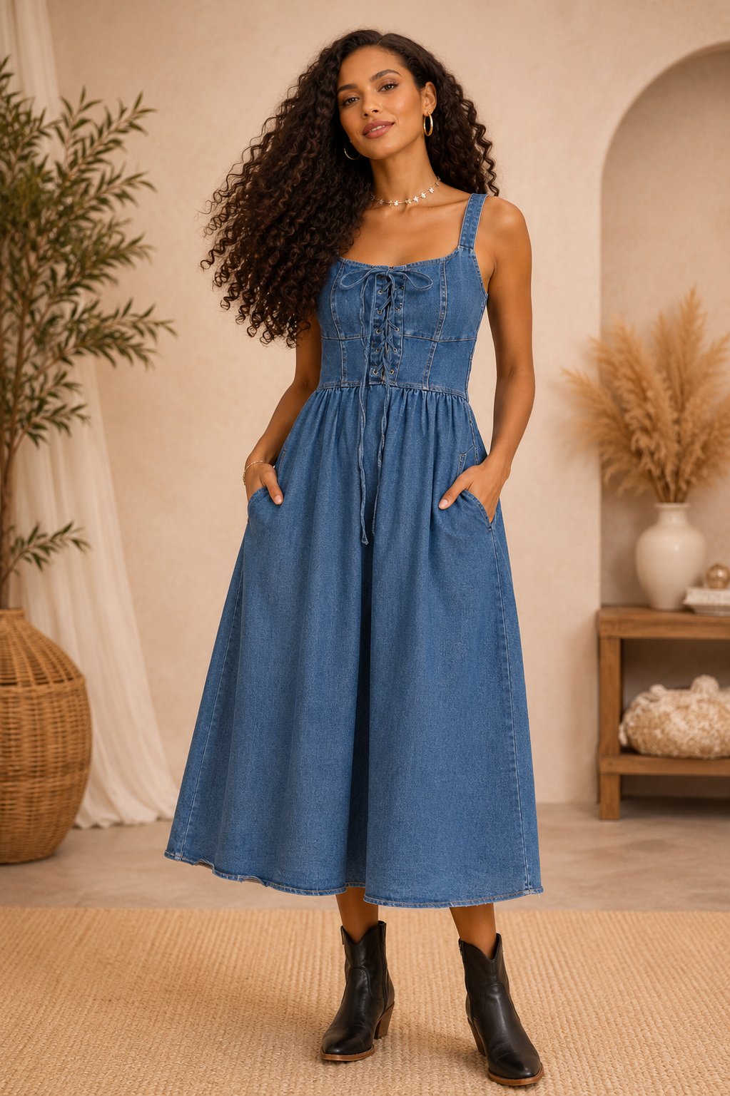 Stretch Denim Lace-Up Midi Dress Large