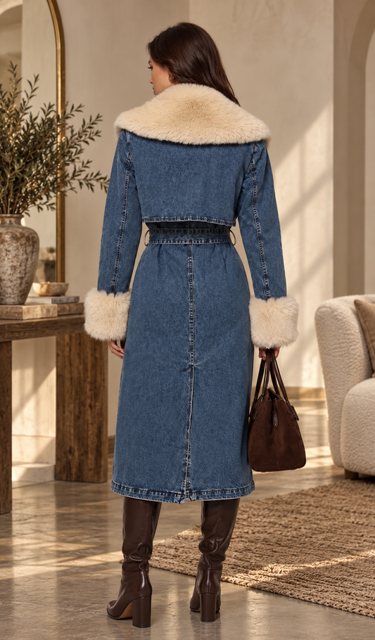 Aspen Denim Faux Fur Trench Coat