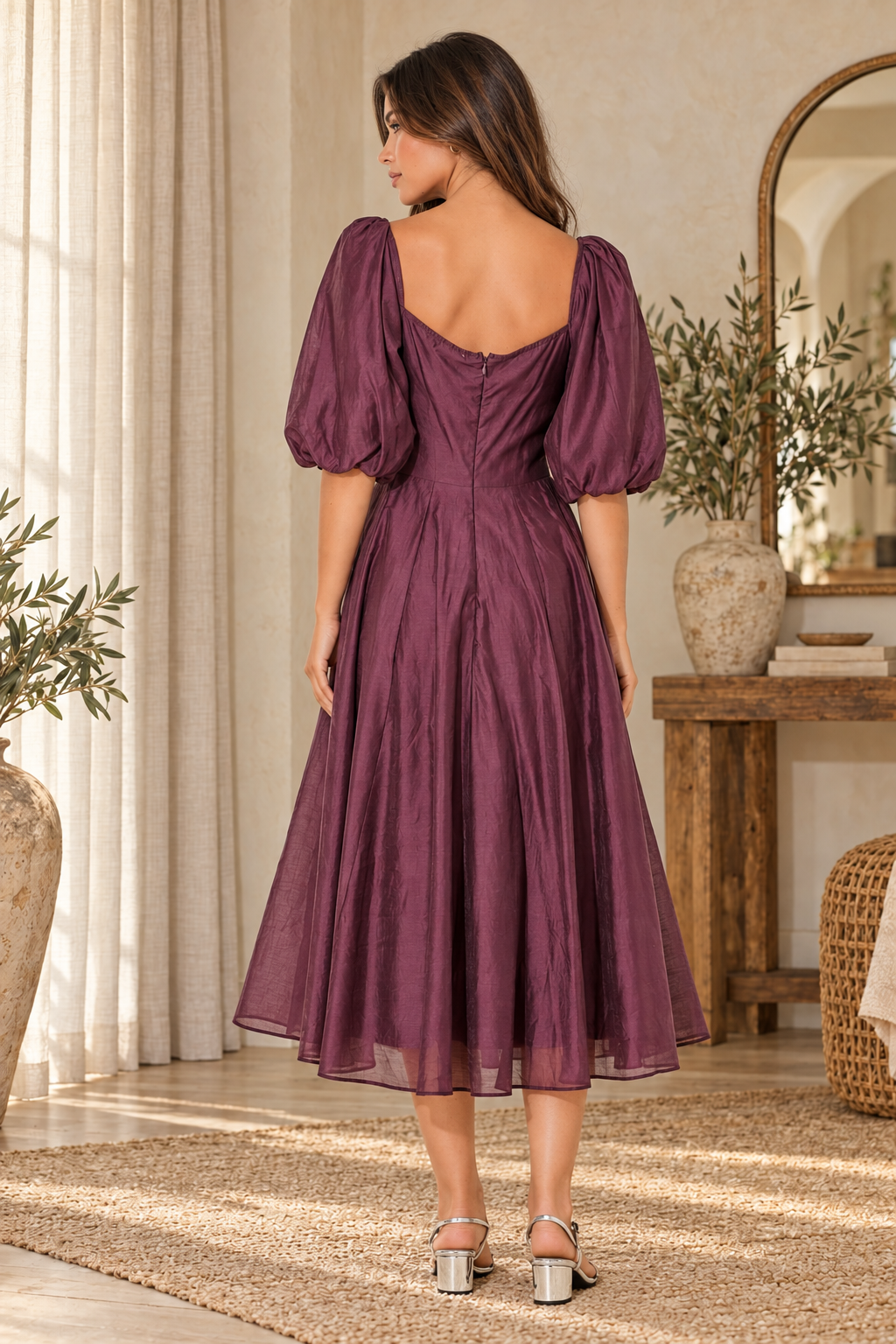 Plum Romance Square Neck Midi Dress