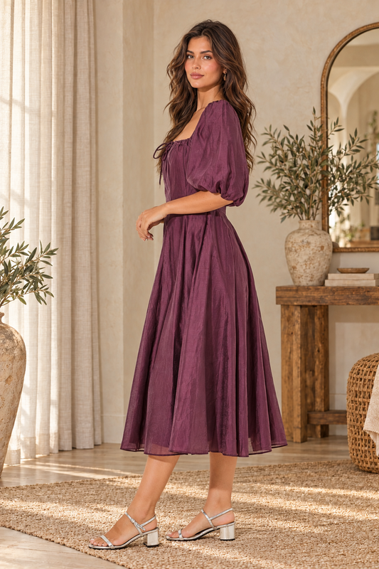 Plum Romance Square Neck Midi Dress