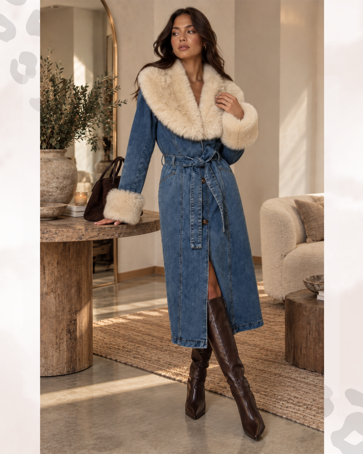Aspen denim faux fur trench coat in blue denim with cream faux fur collar and cuffs