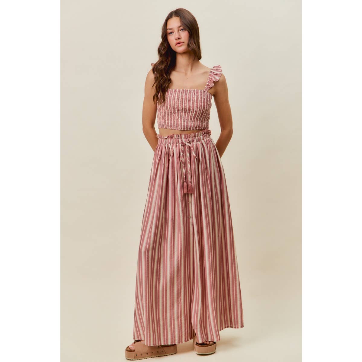 Rose Stripe Smocked Two-Piece Maxi Set