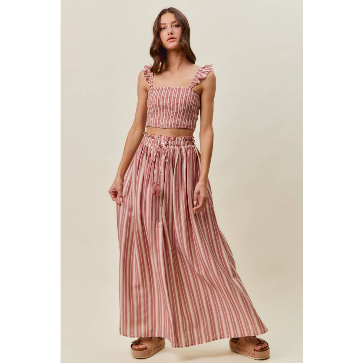 Rose Stripe Smocked Two-Piece Maxi Set