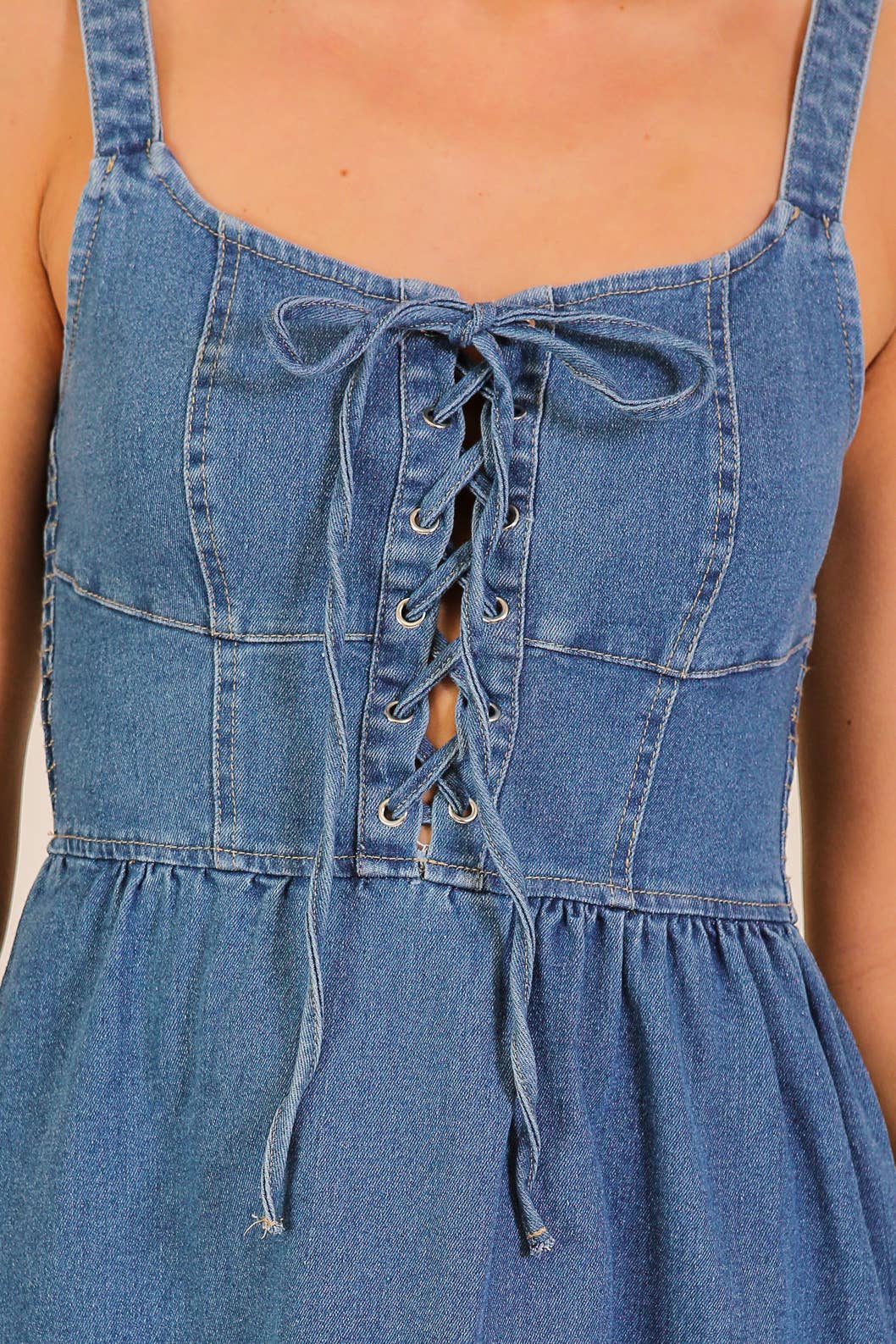 Stretch Denim Lace-Up Midi Dress