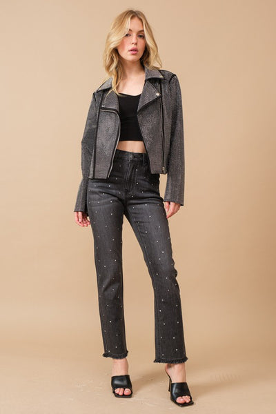 Crystal Studded Stretch Zip Up Moto Jacket