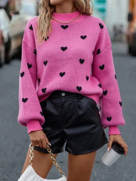 All over heart sweater [sand, hot pink and black]