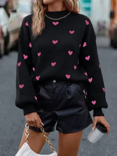 All over heart sweater [sand, hot pink and black]