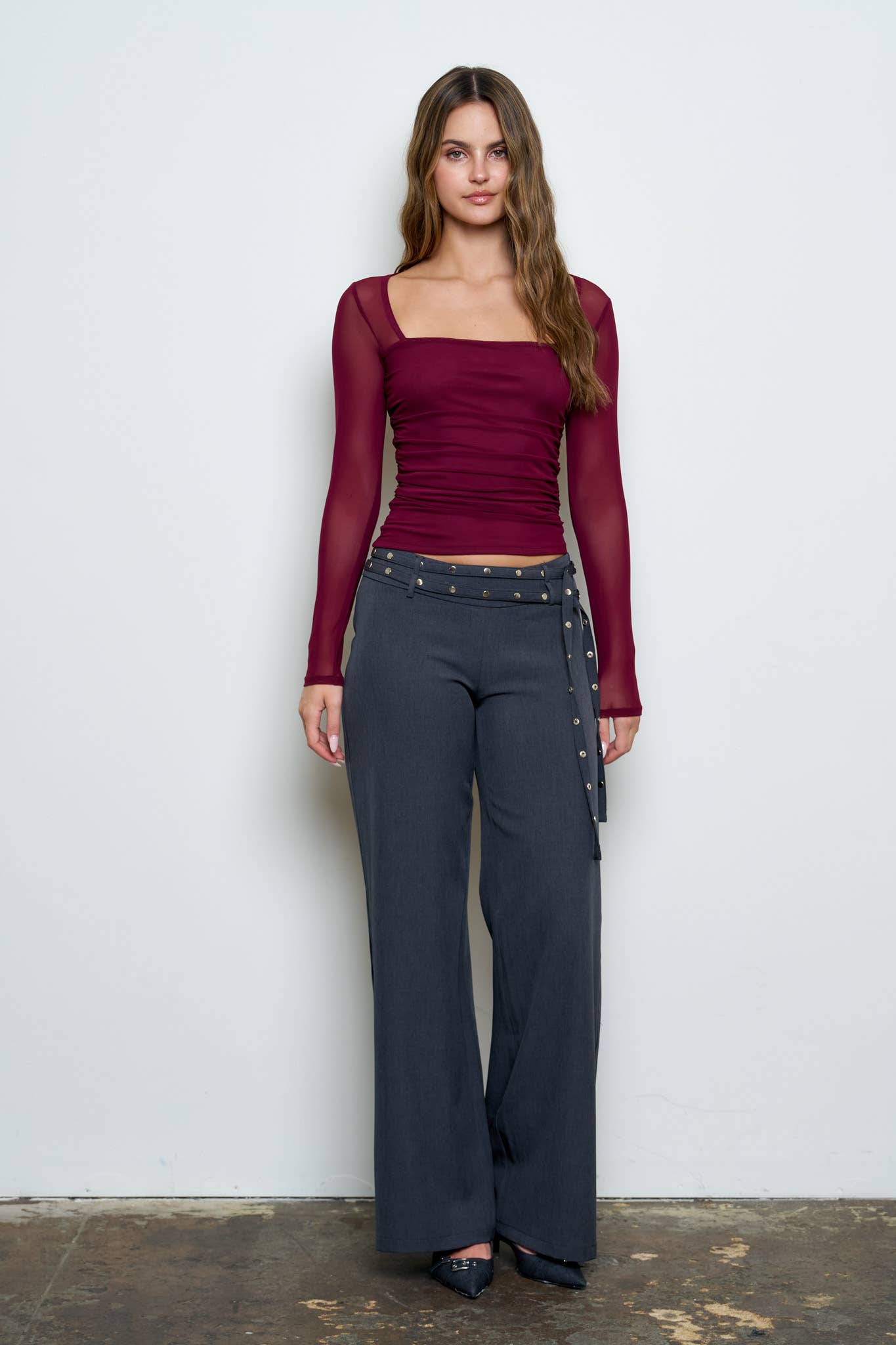 After Hours Ruched Mesh Top [bordeaux]