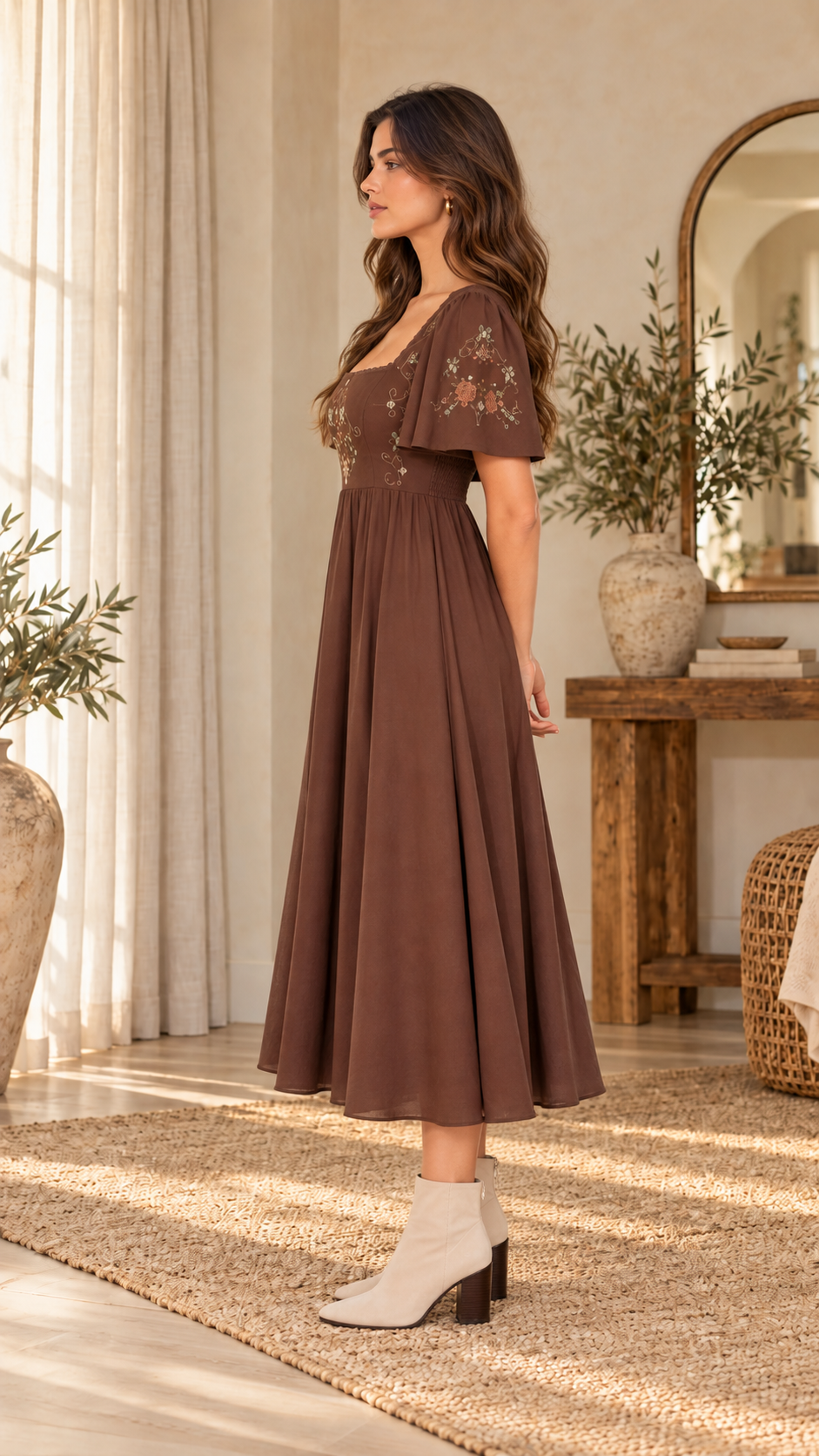 Autumn Heirloom Embroidered Midi Dress [Chocolate]