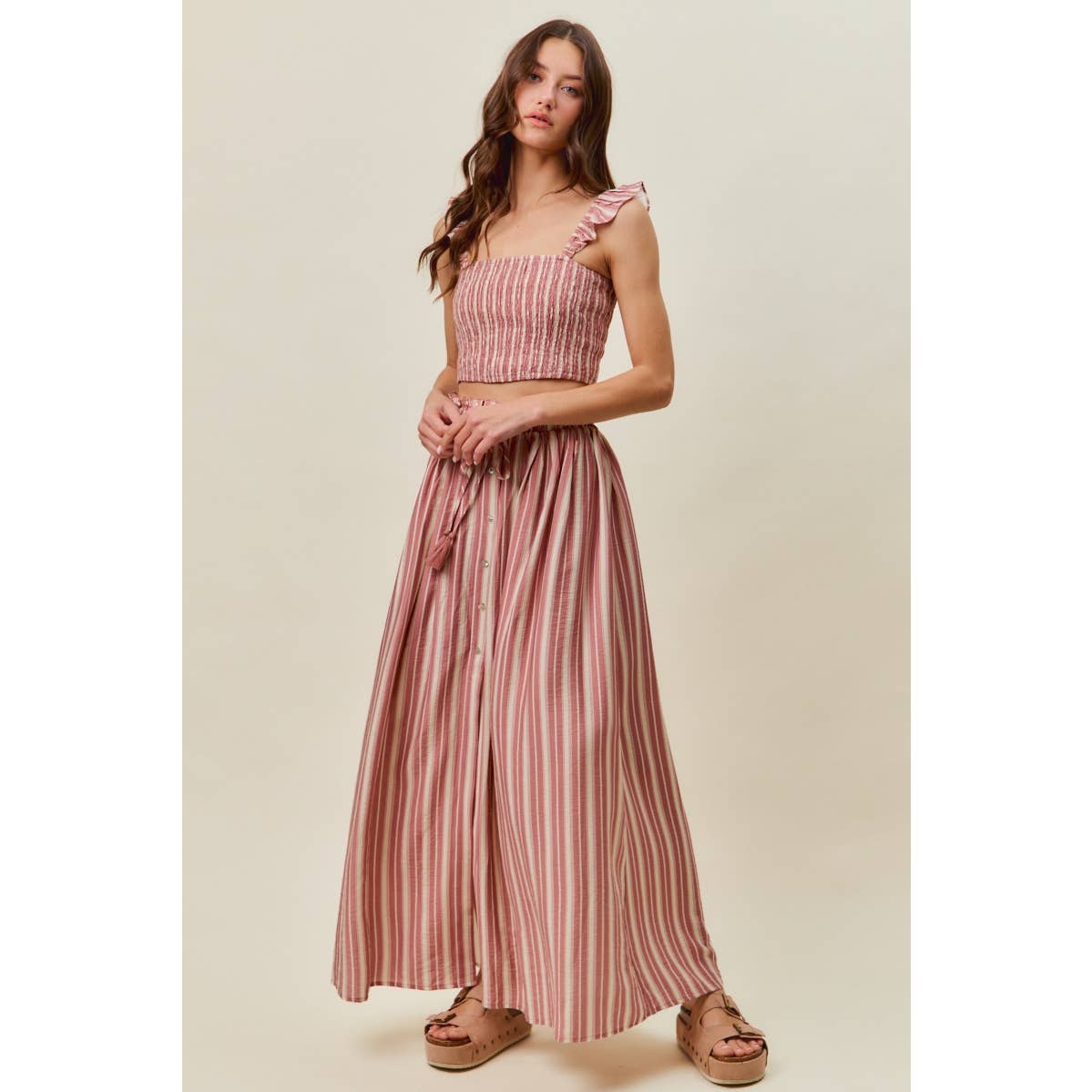 Rose Stripe Smocked Two-Piece Maxi Set