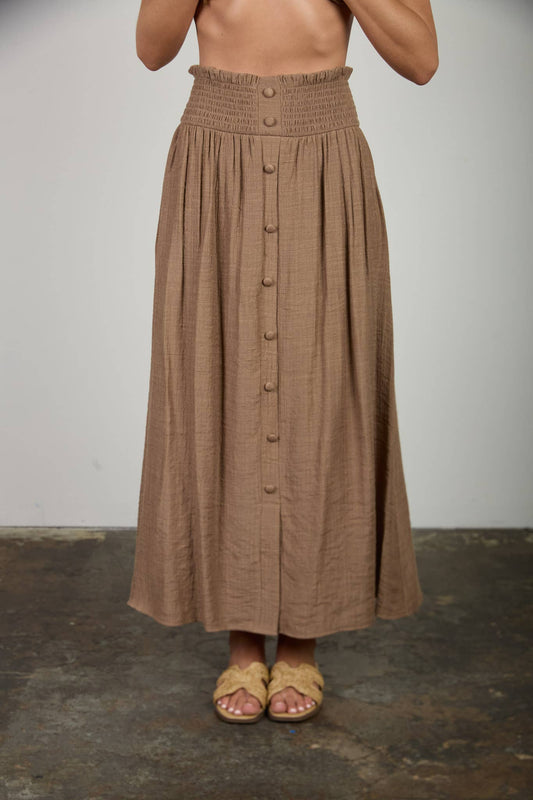 SMOCKED WAIST RUFFLE DETAIL BUTTON DOWN MIDI SKIRT: MOCHA