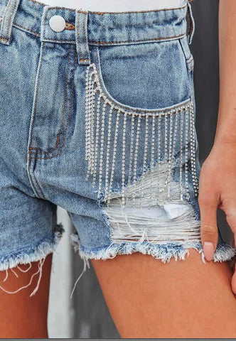 Fringe Rhinestone Frayed Shorts