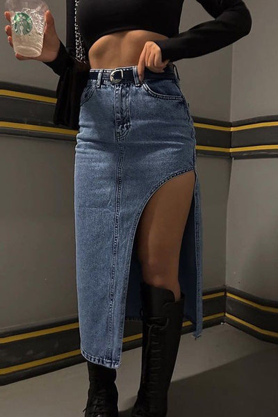 Thigh Slit Denim Maxi Skirt [black and blue]