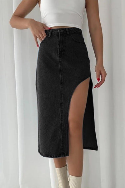 Thigh Slit Denim Maxi Skirt [black and blue]