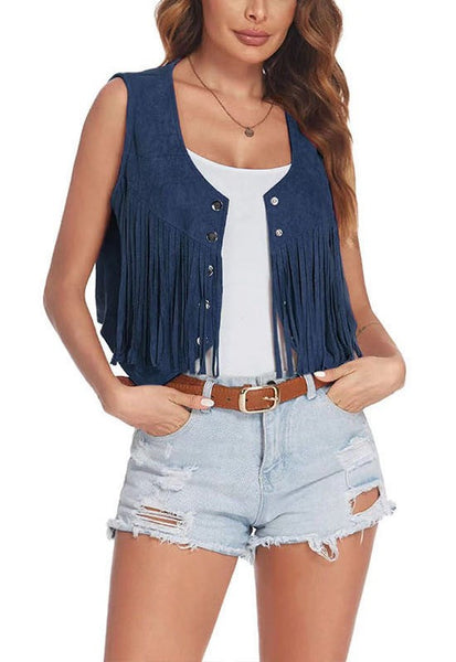 Cropped Fringe Vest [navy, magenta and rust]