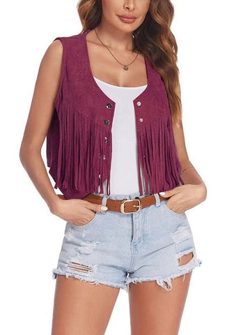 Cropped Fringe Vest [navy, magenta and rust]