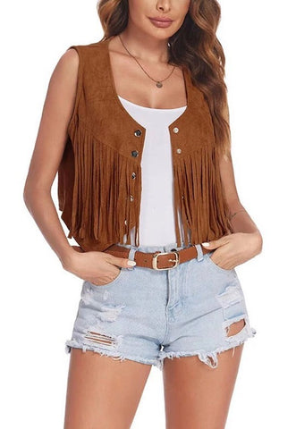 Cropped Fringe Vest [navy, magenta and rust]