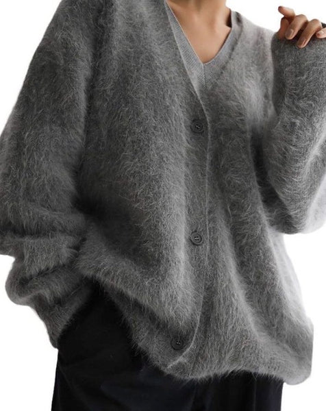 Fuzzy oversized cardigan [beige, grey, light grey and white]