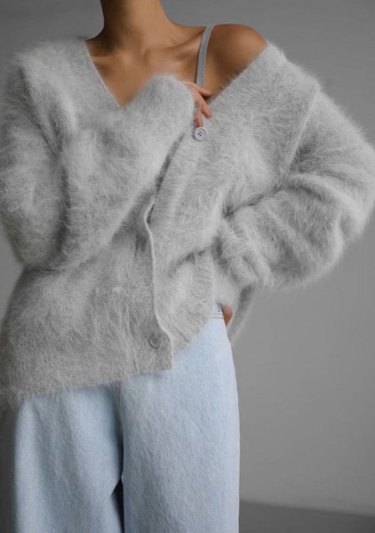 Fuzzy oversized cardigan [beige, grey, light grey and white]