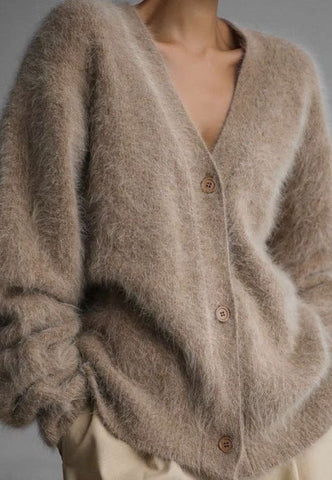 Fuzzy oversized cardigan [beige, grey, light grey and white]