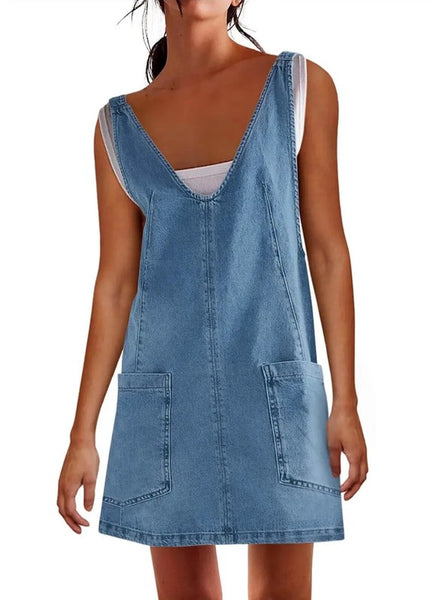 Denim scoop neck overall dress