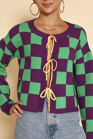 Mardi Gras Checkered Tie Front Cardigans