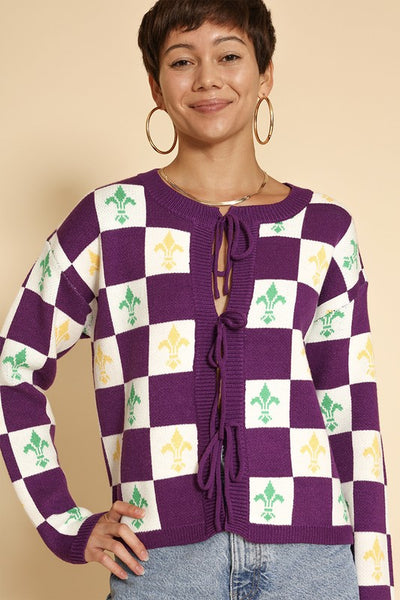 Mardi Gras Checkered Tie Front Cardigans