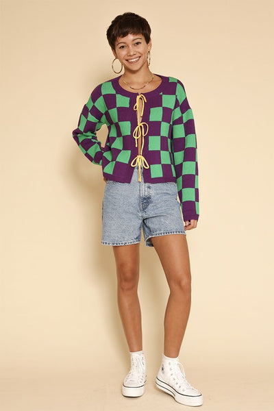 Mardi Gras Checkered Tie Front Cardigans