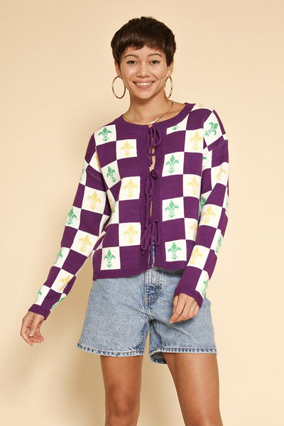 Mardi Gras Checkered Tie Front Cardigans