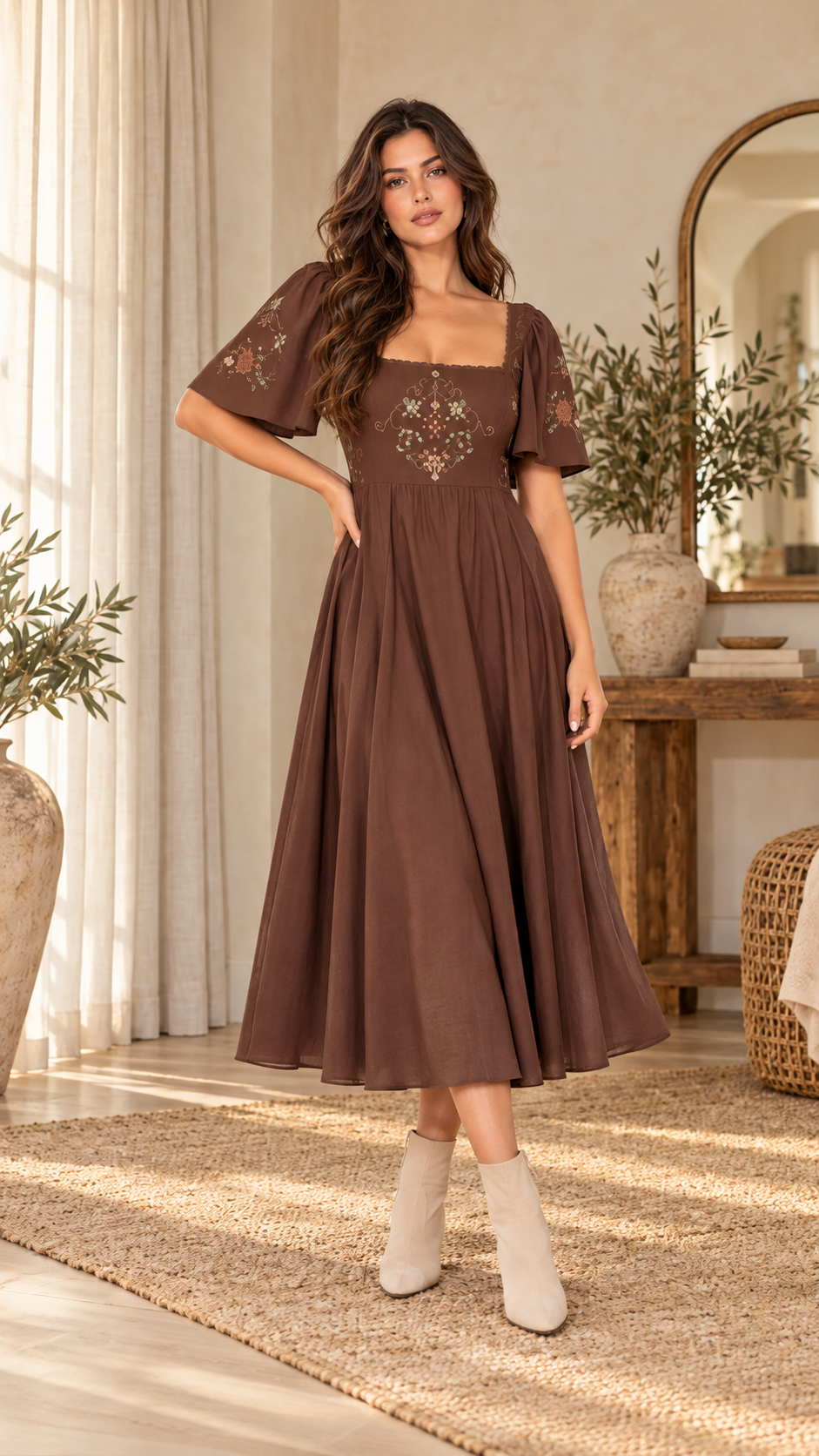 Autumn Heirloom Embroidered Midi Dress [Chocolate]