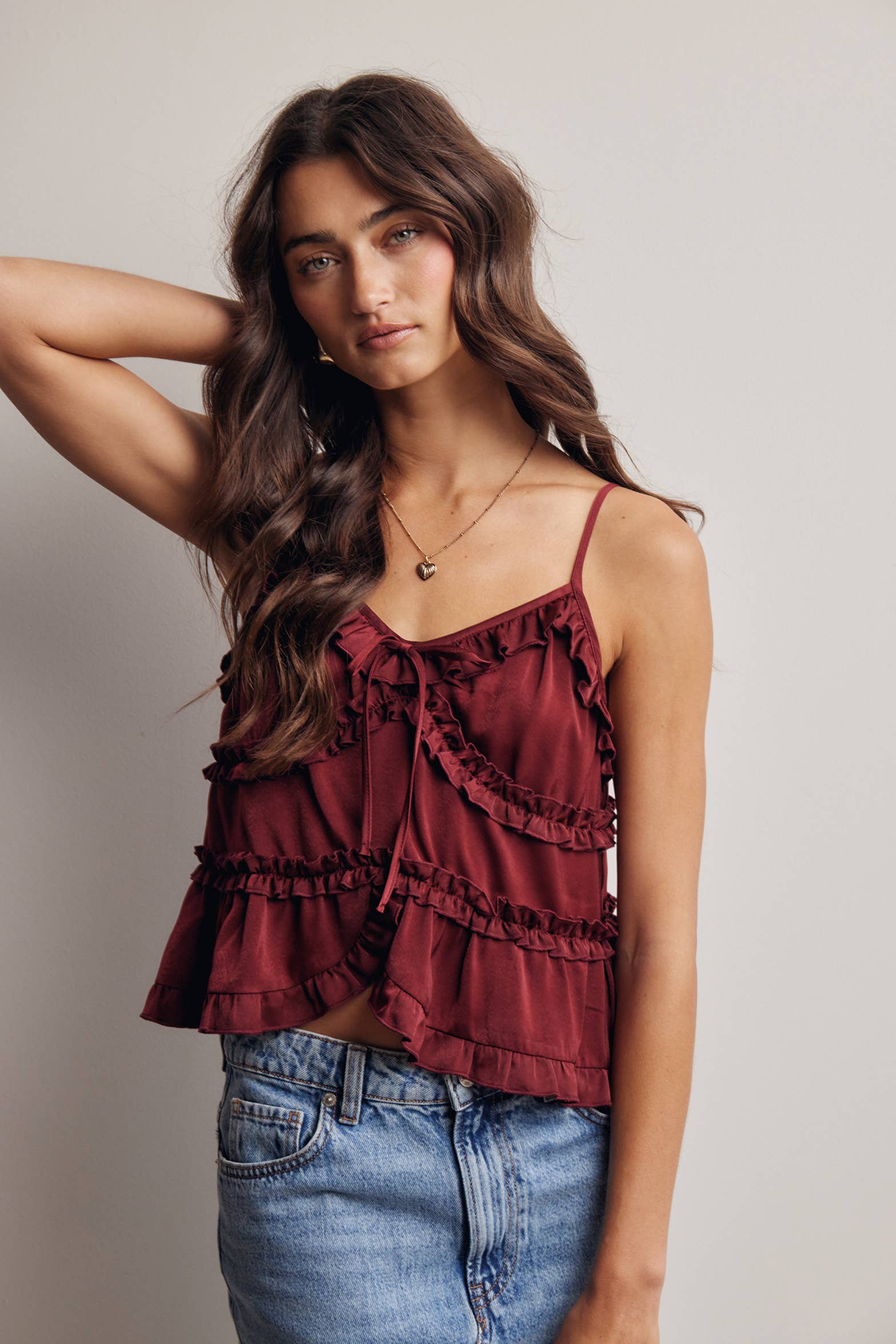 Bordeaux ruffle tie-front cami