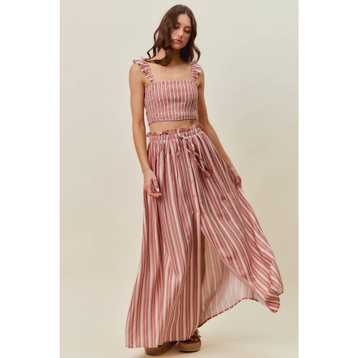 Rose Stripe Smocked Two-Piece Maxi Set