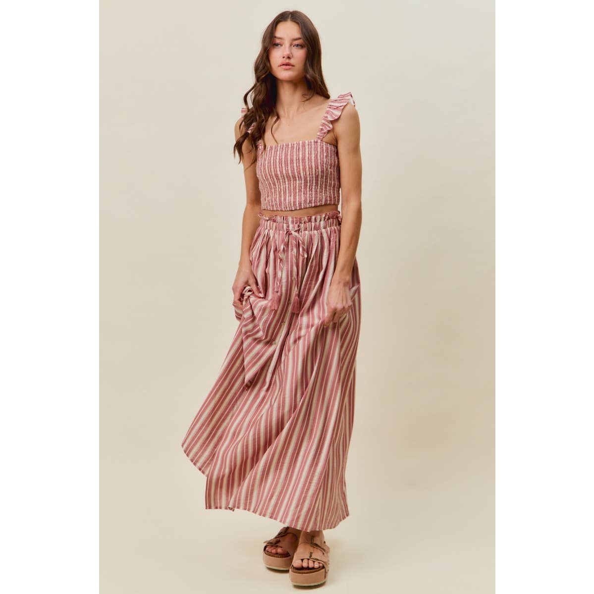 Rose Stripe Smocked Two-Piece Maxi Set