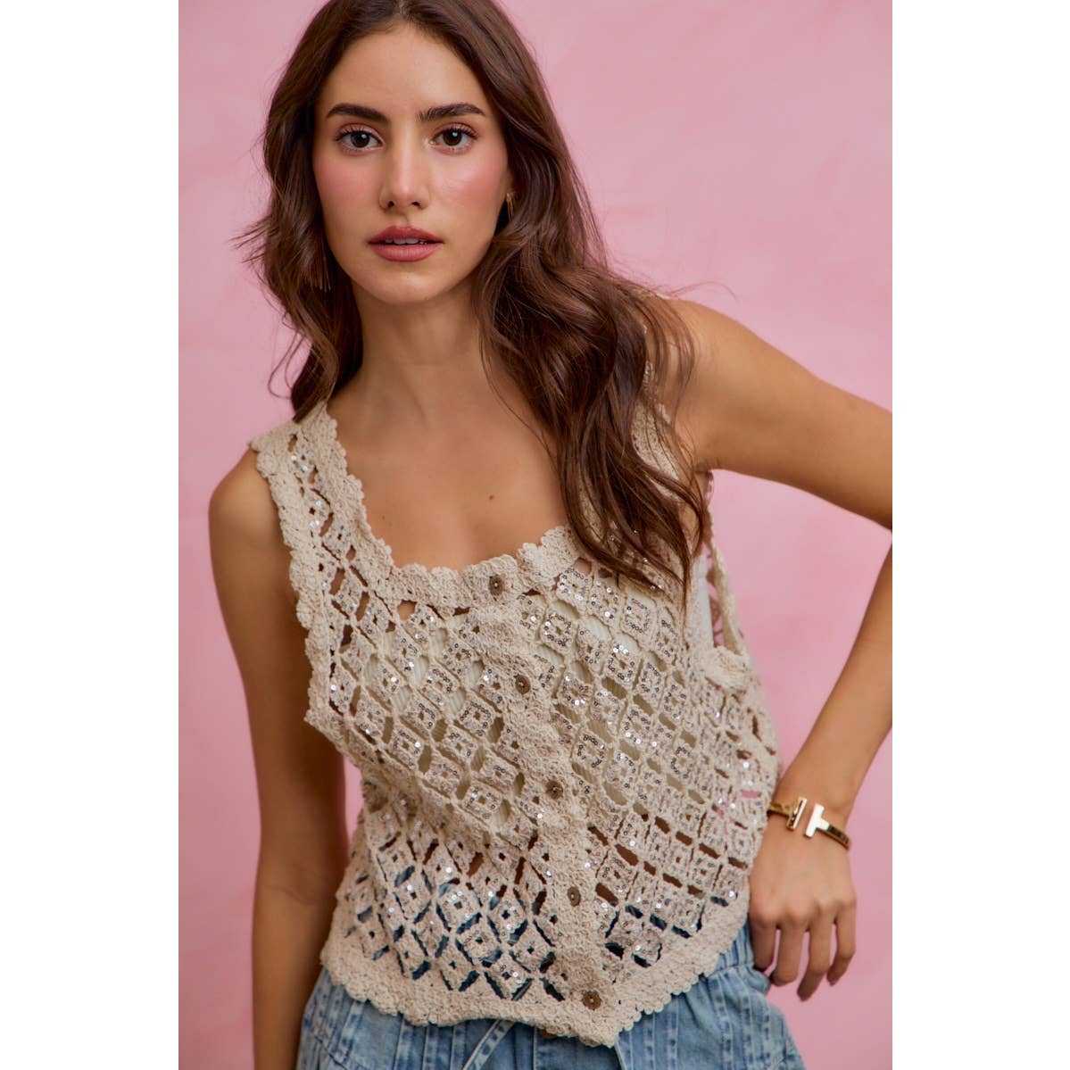Golden Hour Crochet Sequin Vest
