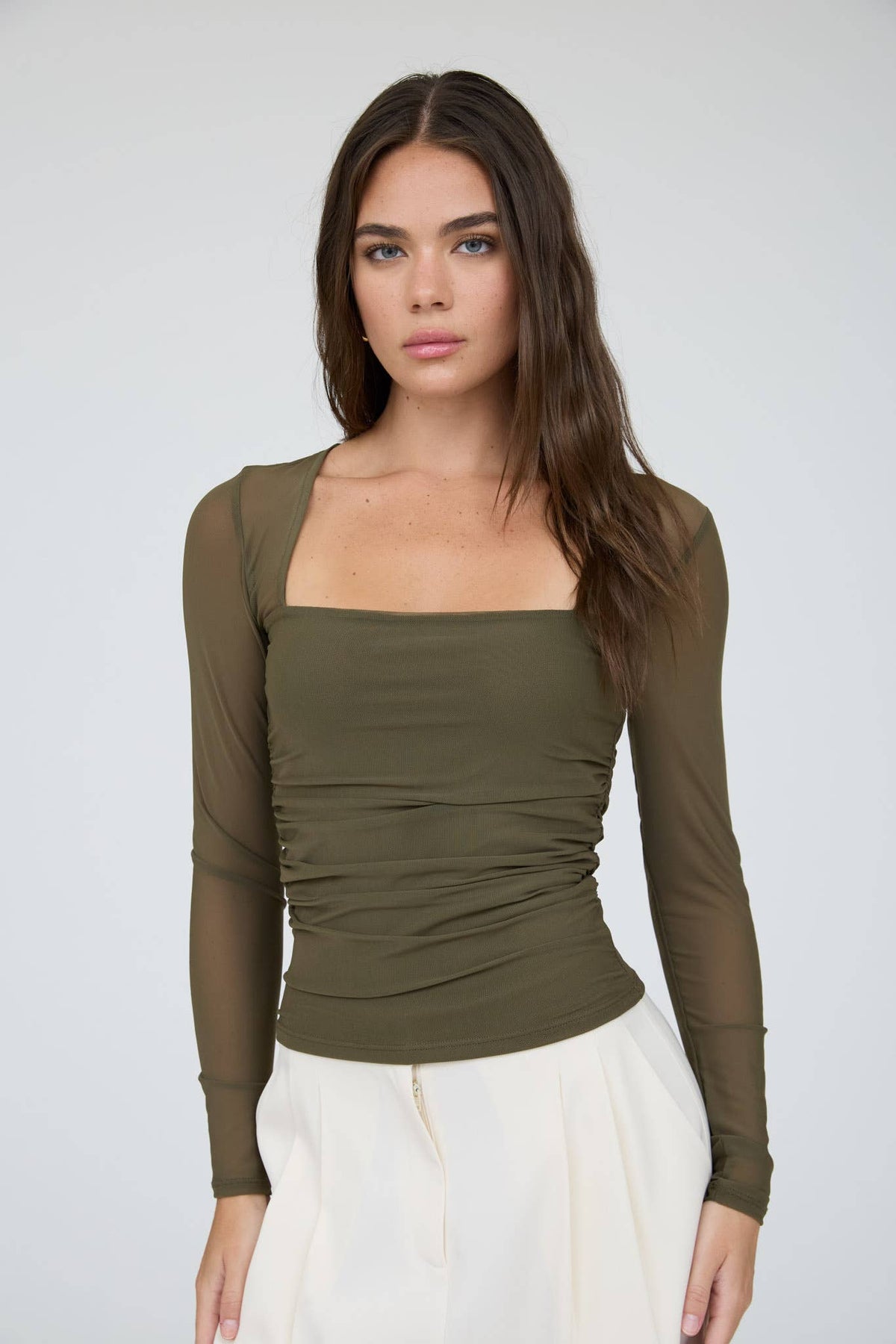 After Hours Ruched Mesh Top [olive]