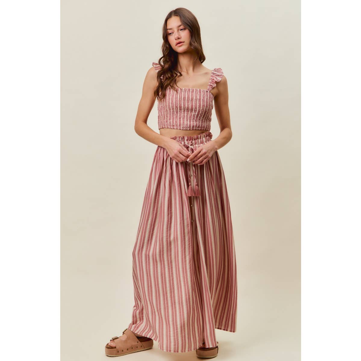 Rose Stripe Smocked Two-Piece Maxi Set