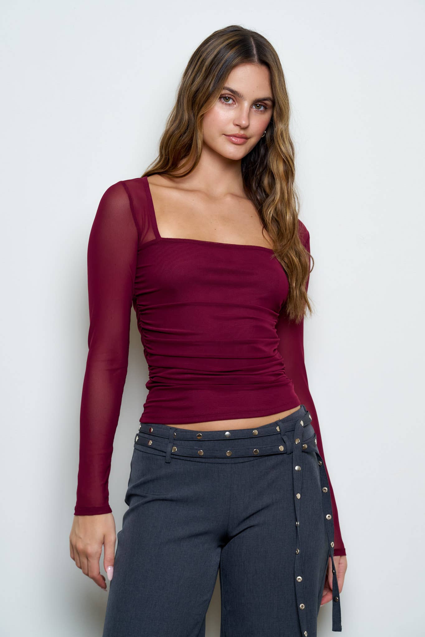 After Hours Ruched Mesh Top [bordeaux]