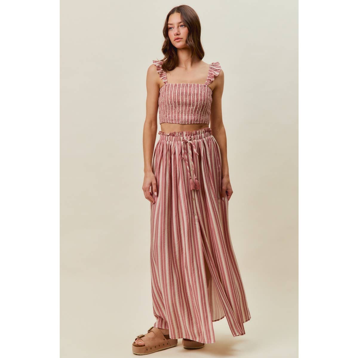 Rose Stripe Smocked Two-Piece Maxi Set