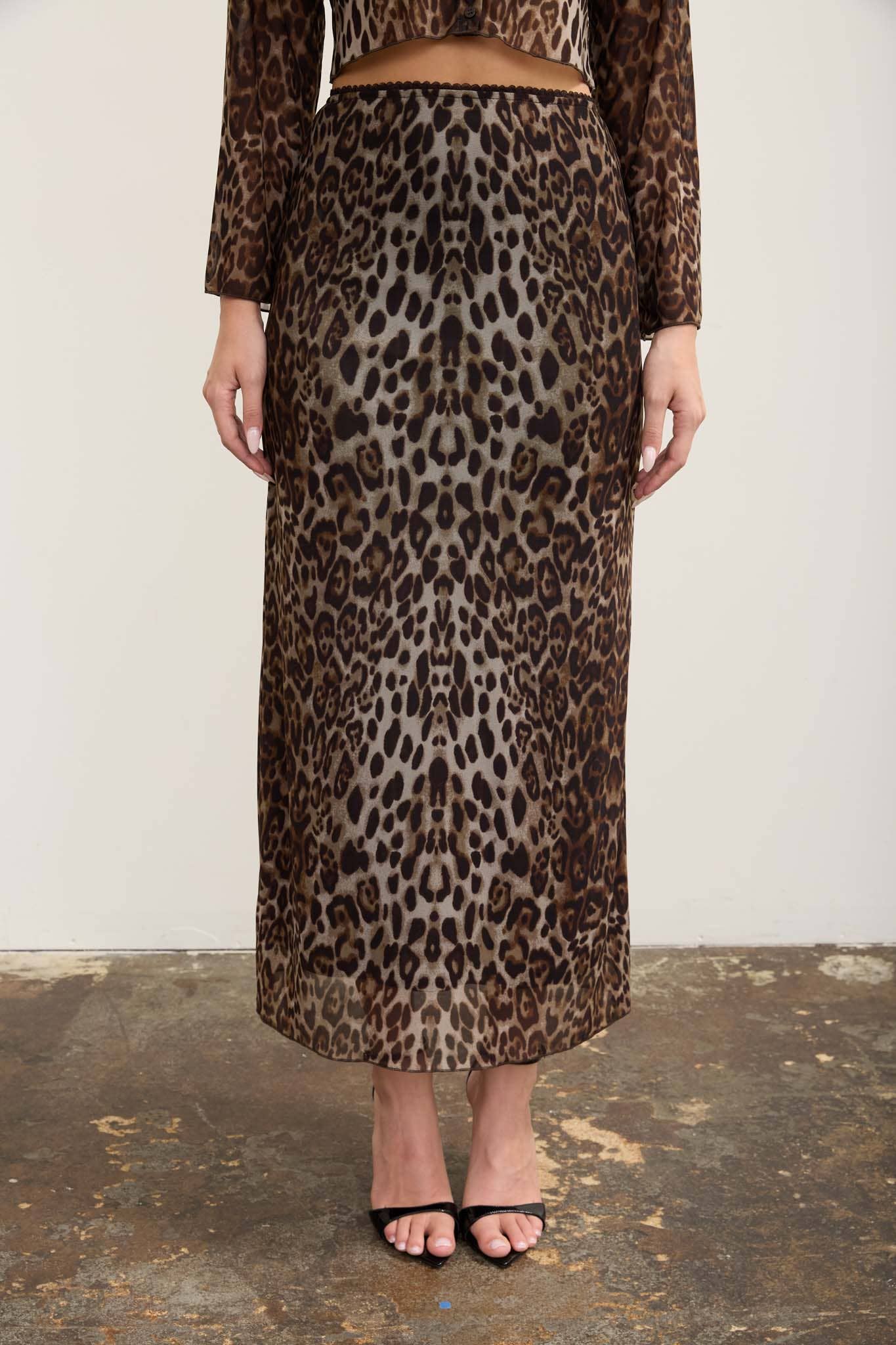 Taupe leopard mesh pencil midi skirt