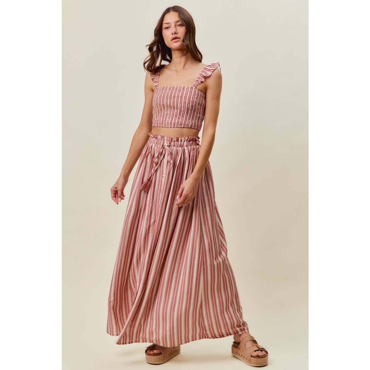 Rose Stripe Smocked Two-Piece Maxi Set