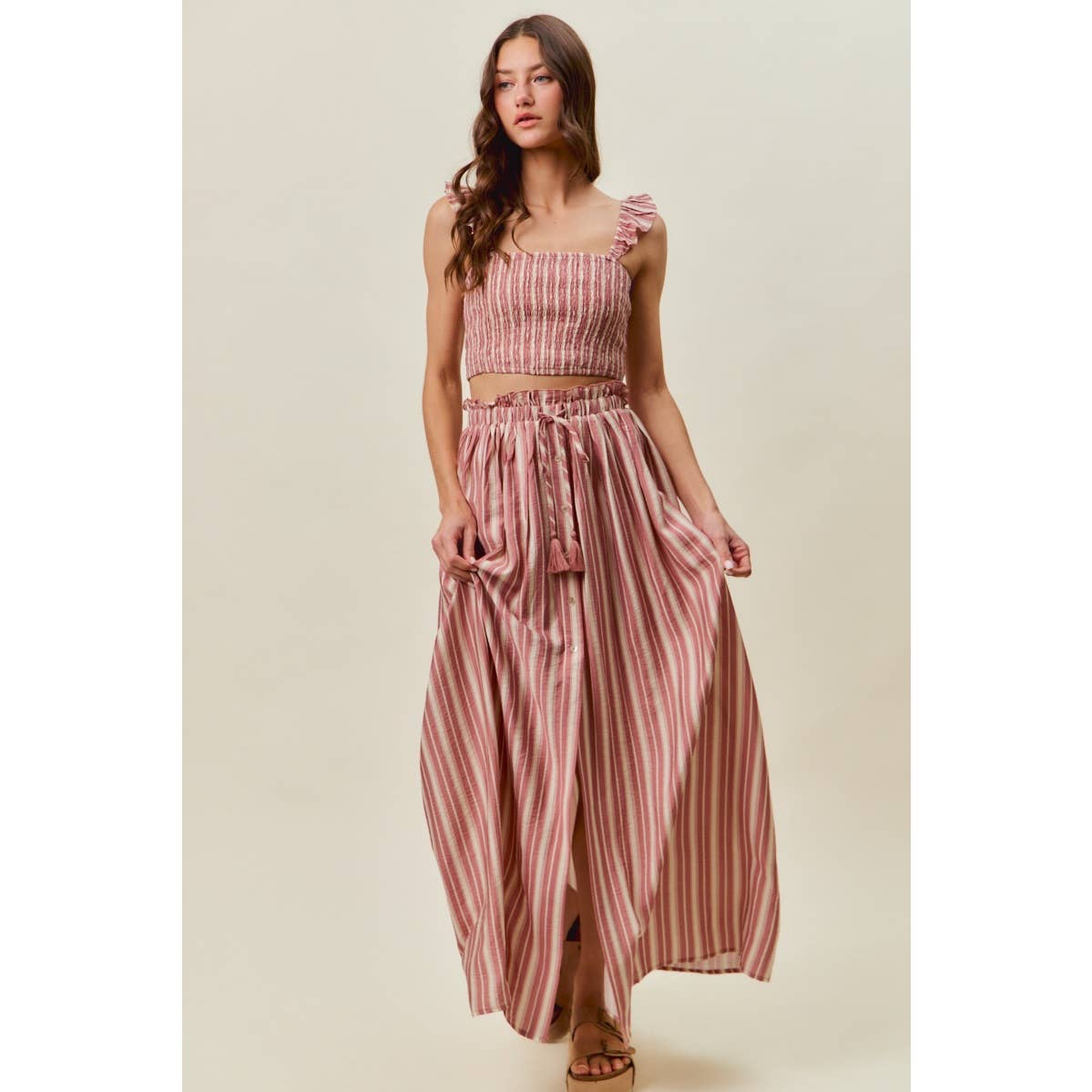 Rose Stripe Smocked Two-Piece Maxi Set