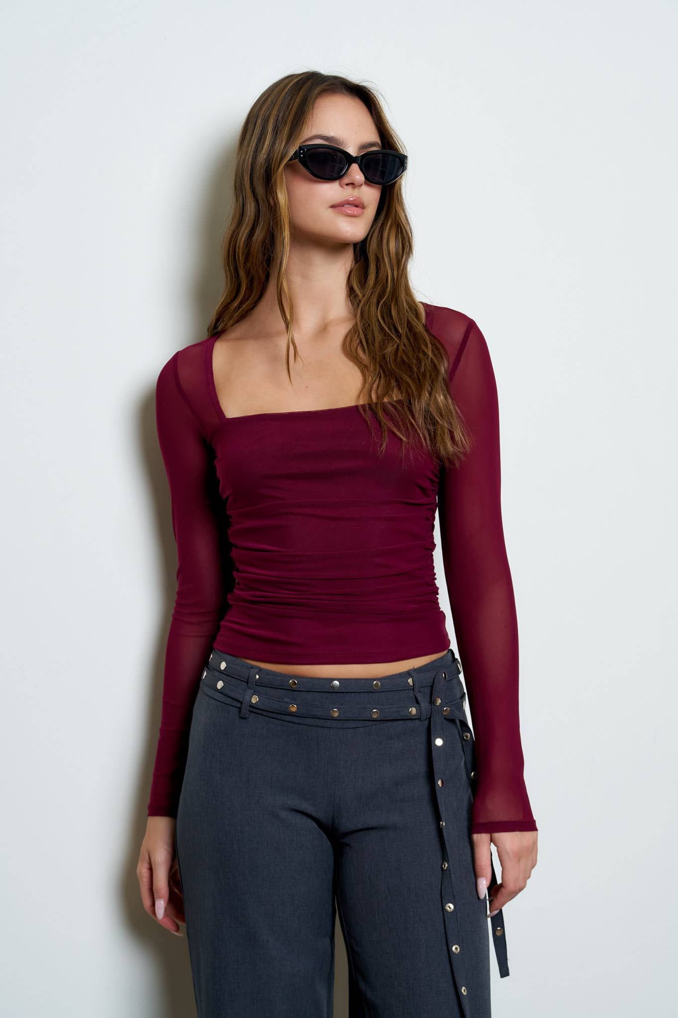 After Hours Ruched Mesh Top [bordeaux]