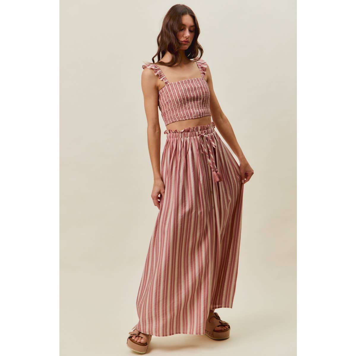 Rose Stripe Smocked Two-Piece Maxi Set