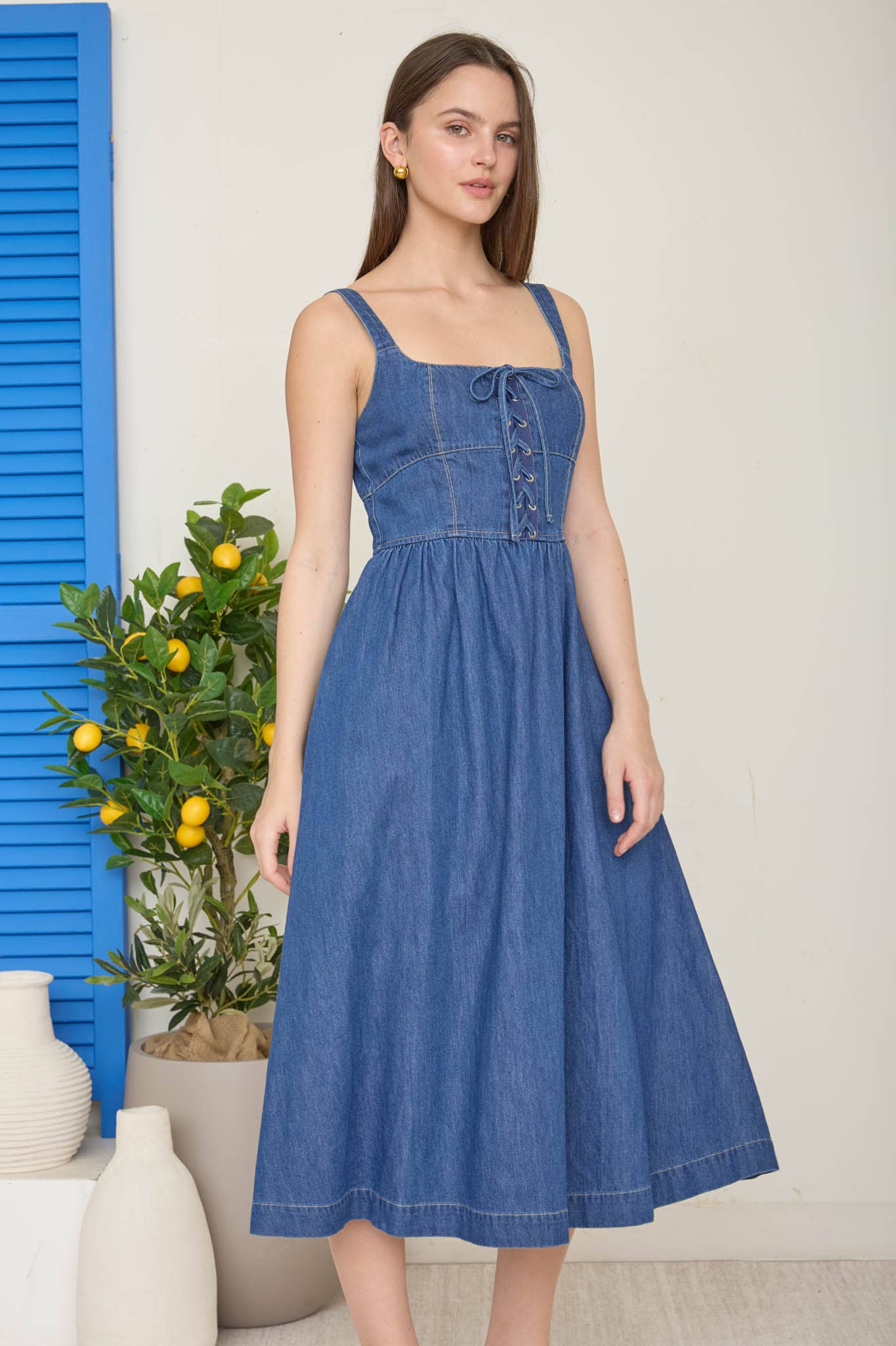Laced up in Denim Midi Dress