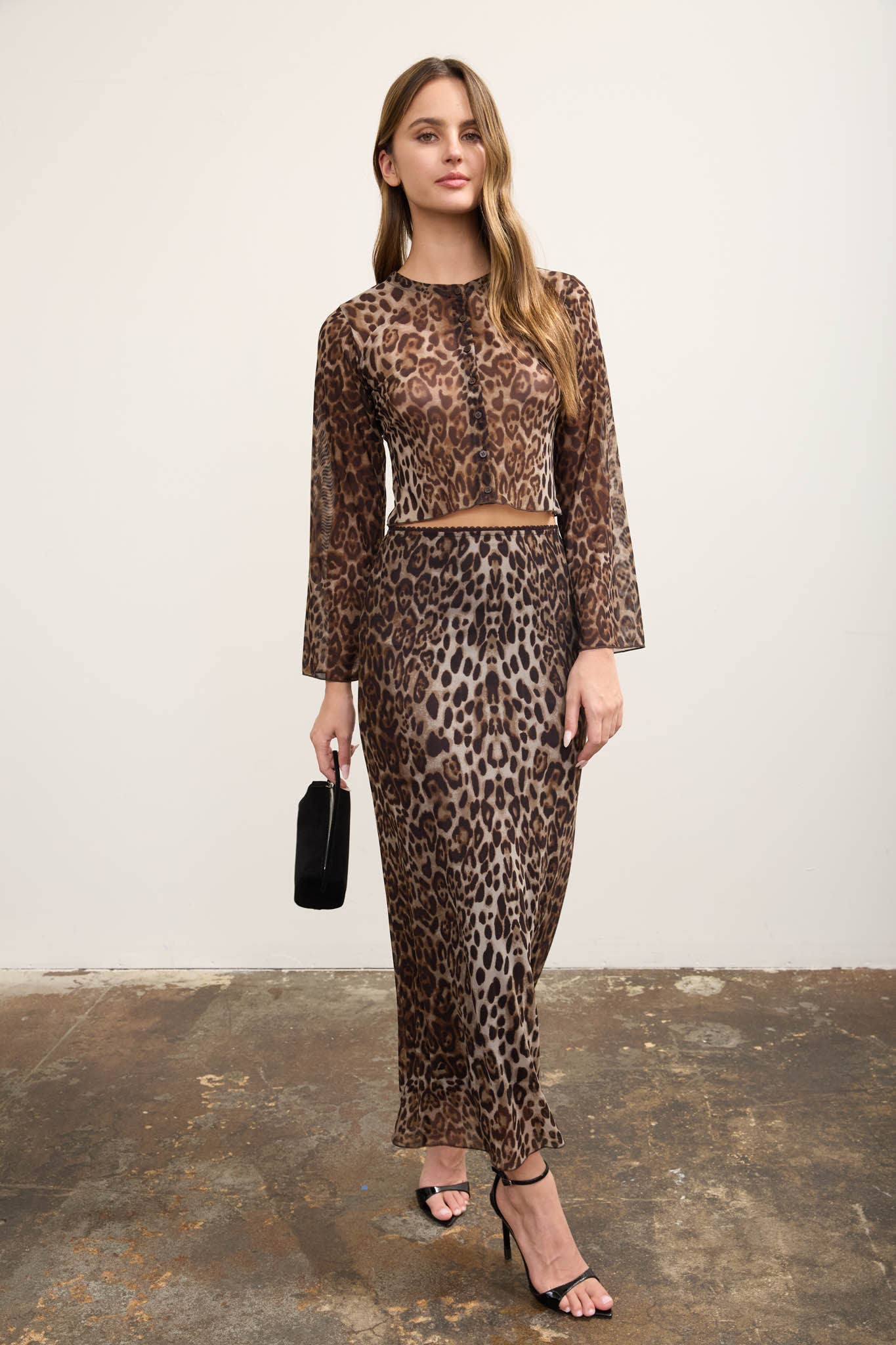 Taupe leopard sheer mesh button-front top