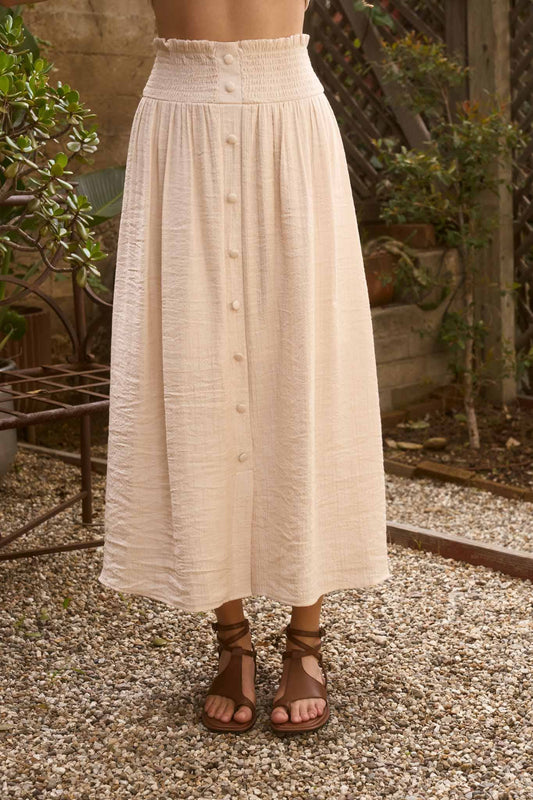 SMOCKED WAIST RUFFLE DETAIL BUTTON DOWN MIDI SKIRT: MOCHA